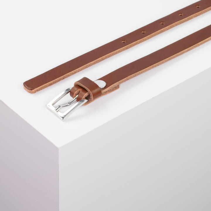 Ledergürtel 1,5cm mit Schnalle Brisbane silber glänzend cognac ohne Muster
