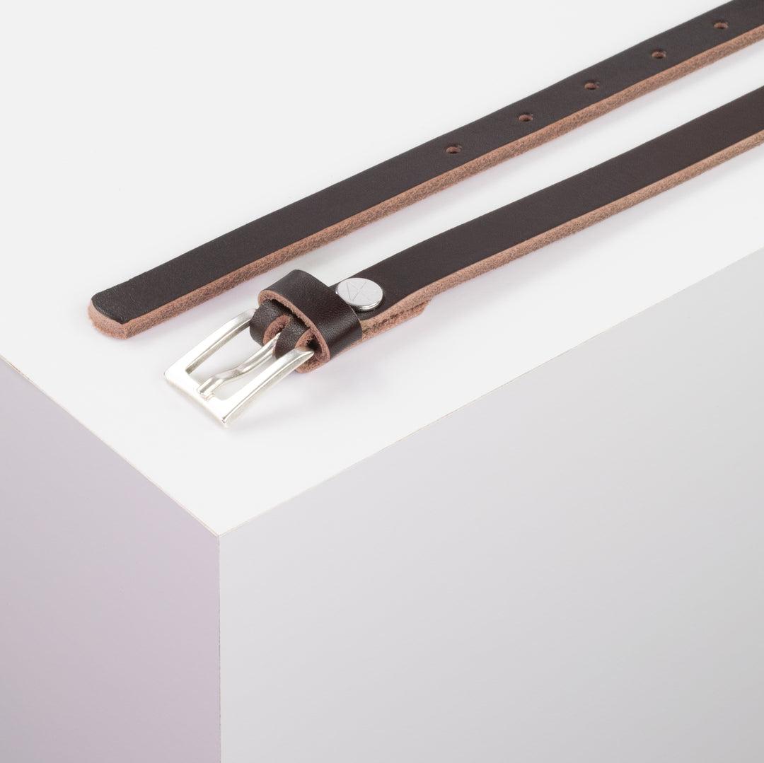 Ledergürtel 1,5cm mit Schnalle Brisbane silber matt dunkelbraun ohne Muster