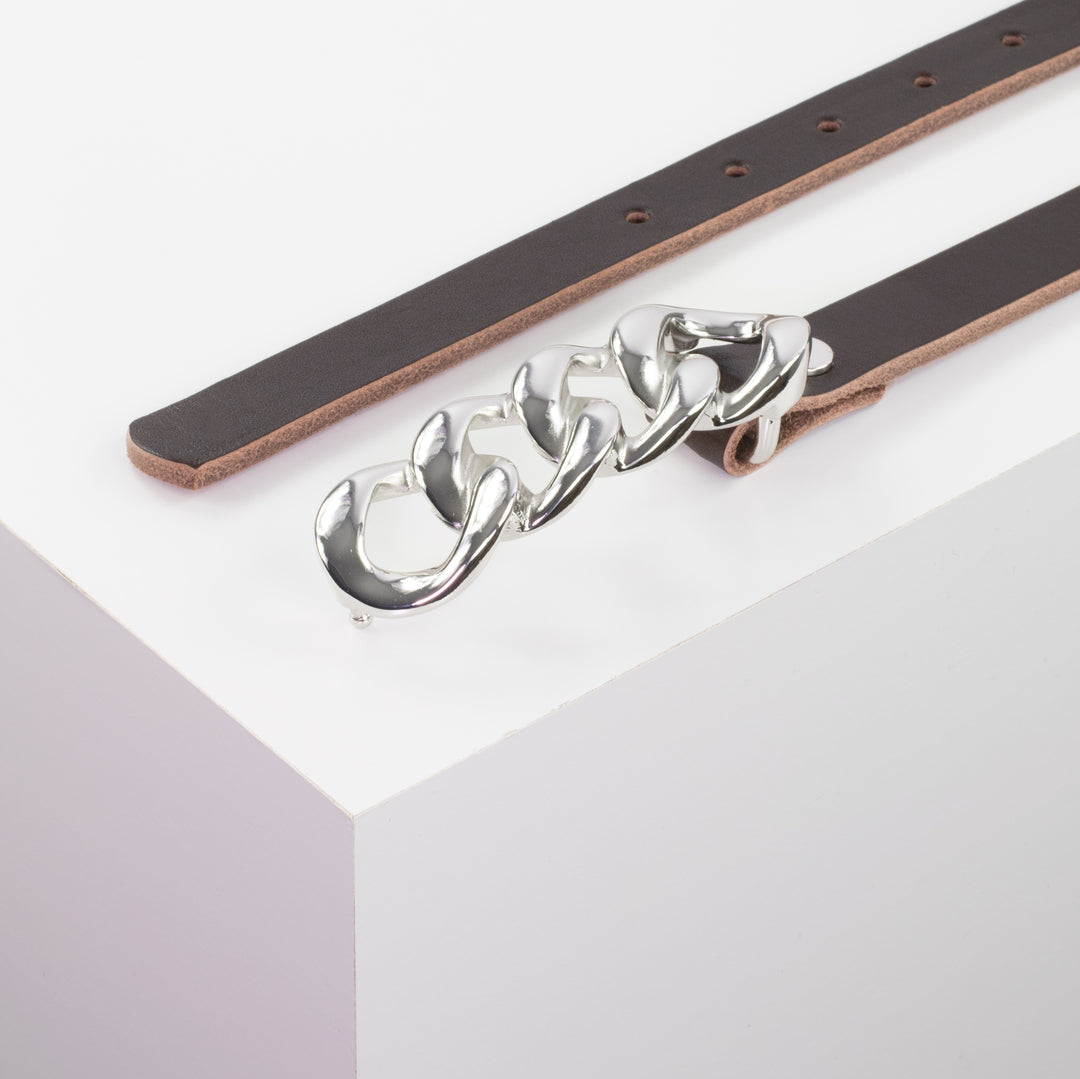 Ledergürtel 2cm mit Schnalle Roma silber dunkelbraun ohne Muster