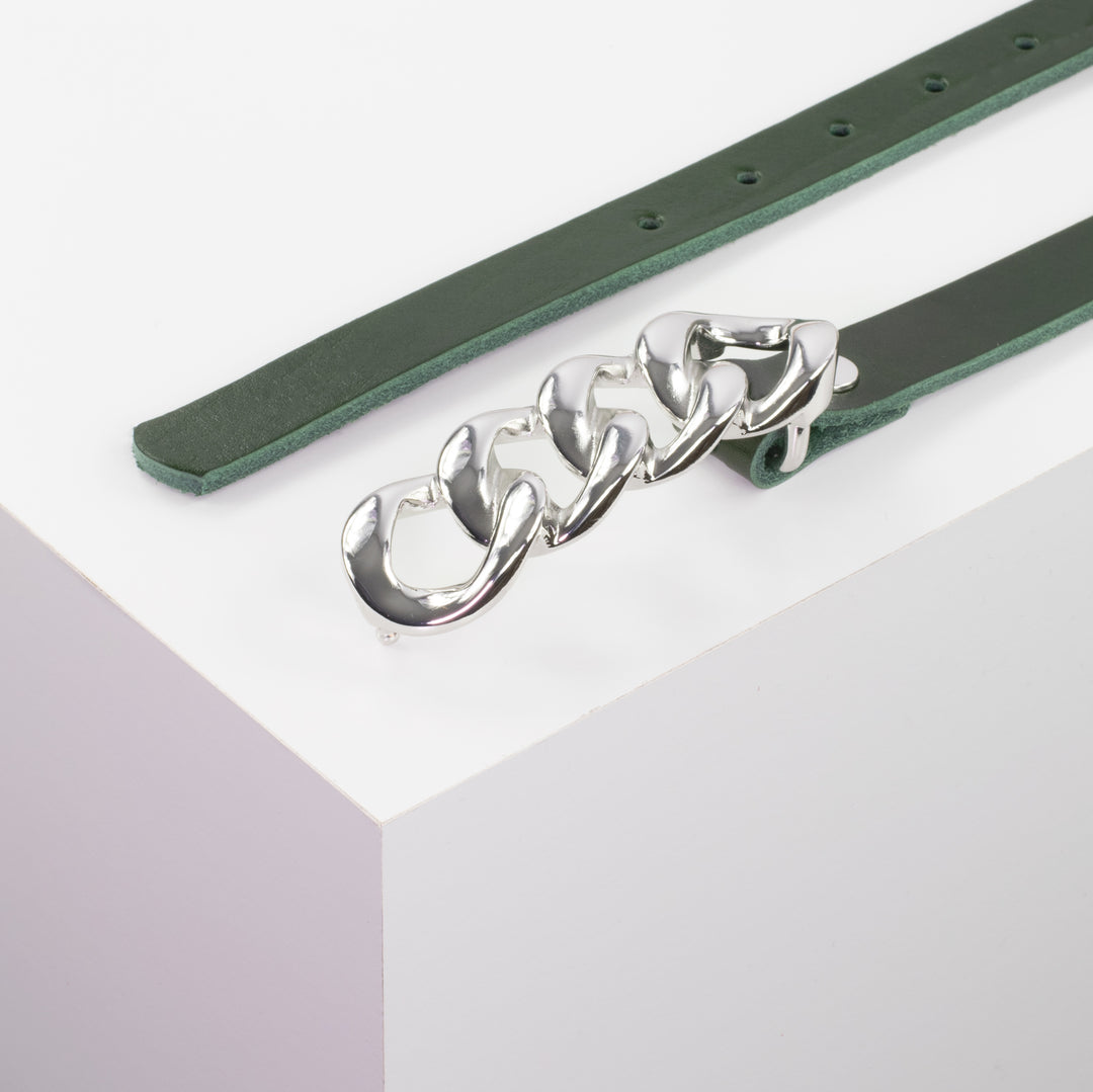 Ledergürtel 2cm mit Schnalle Roma silber grün ohne Muster
