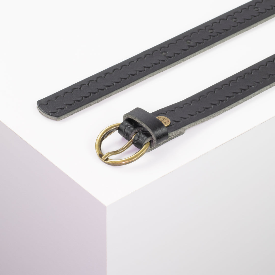 Ledergürtel 2,5cm mit Schnalle Oslo messing schwarz kleine Welle