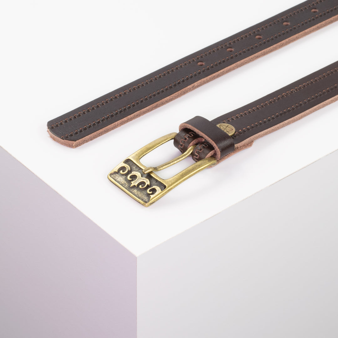 Ledergürtel 2,5cm mit Schnalle Ornament messing dunkelbraun Reißverschluss