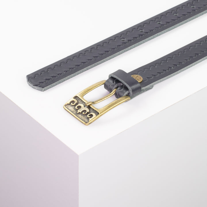 Ledergürtel 2,5cm mit Schnalle Ornament messing navi kleine Welle