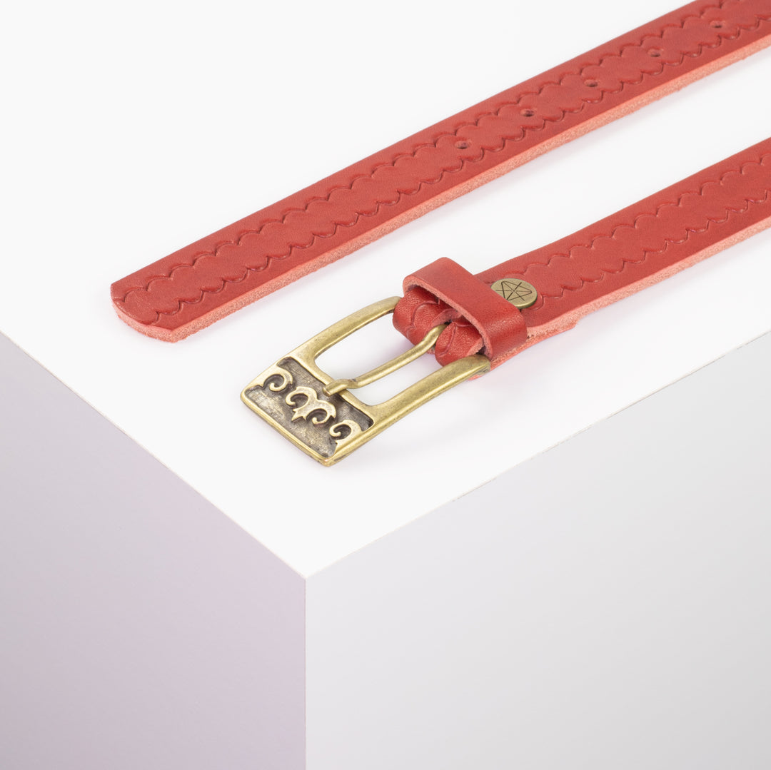 Ledergürtel 2,5cm mit Schnalle Ornament messing rot kleine Welle