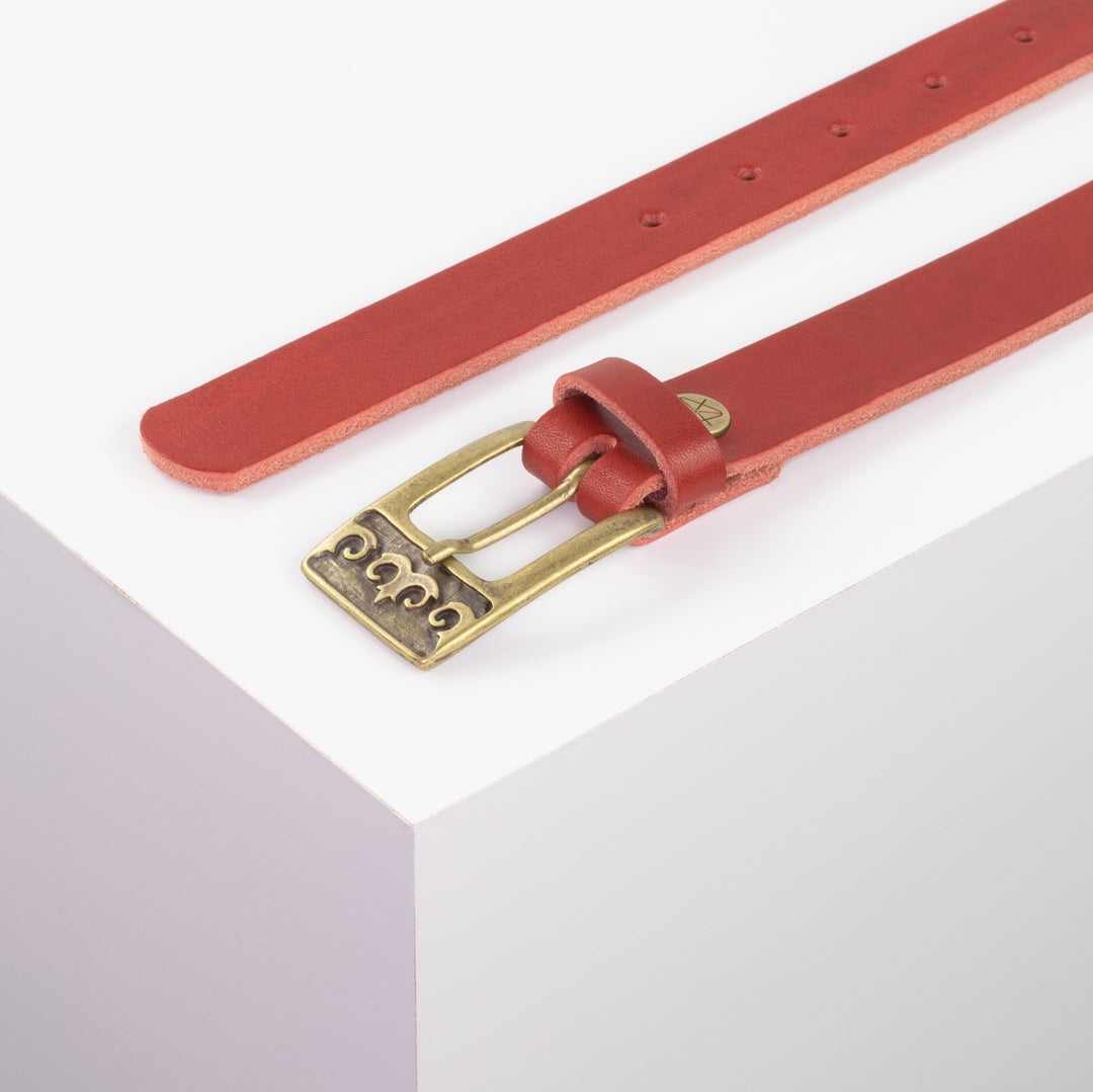 Ledergürtel 2,5cm mit Schnalle Ornament messing rot ohne Muster