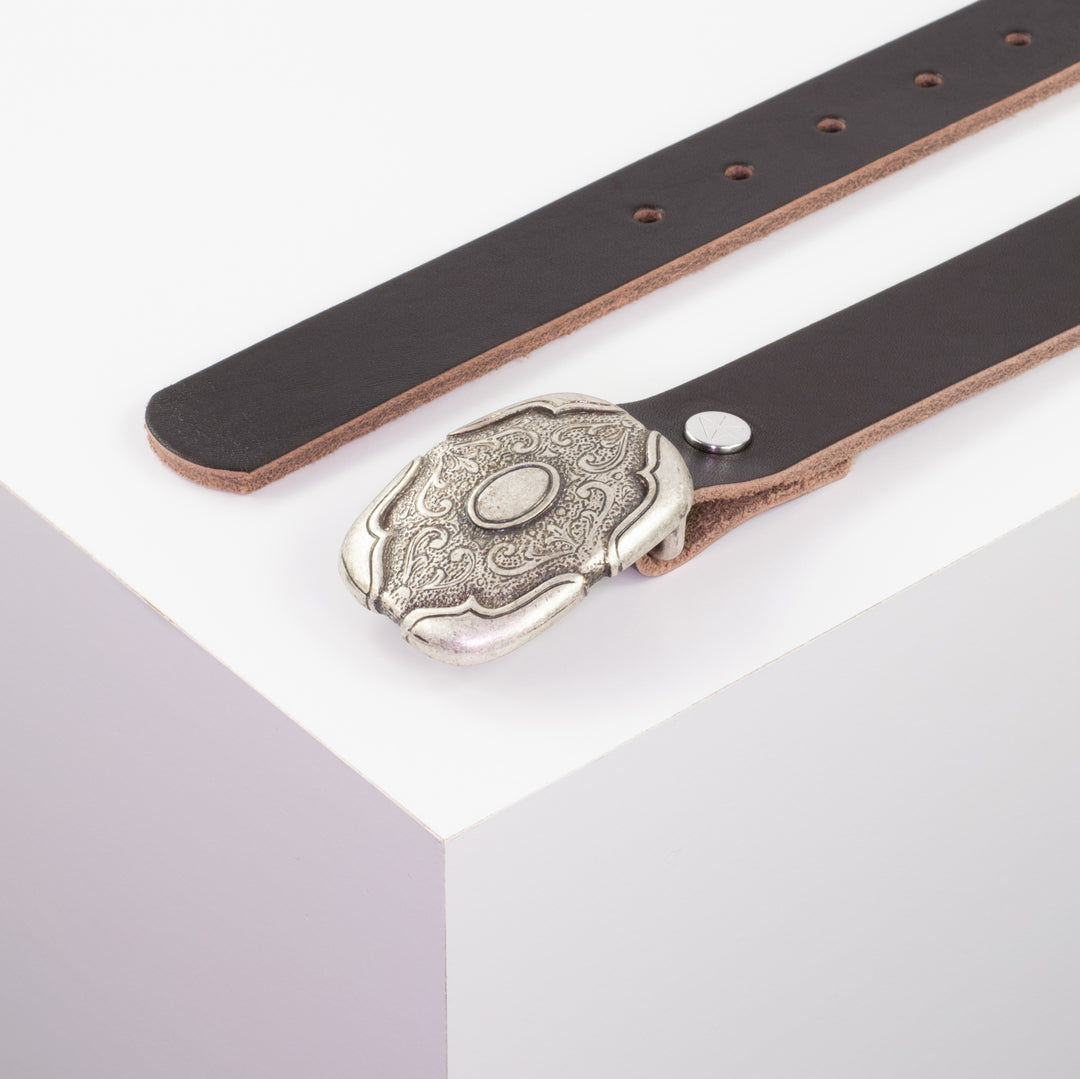Ledergürtel 3cm mit Schnalle Blume eckig dunkelbraun ohne Muster