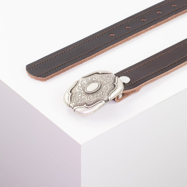 Ledergürtel 3cm mit Schnalle Blume eckig dunkelbraun Reißverschluss