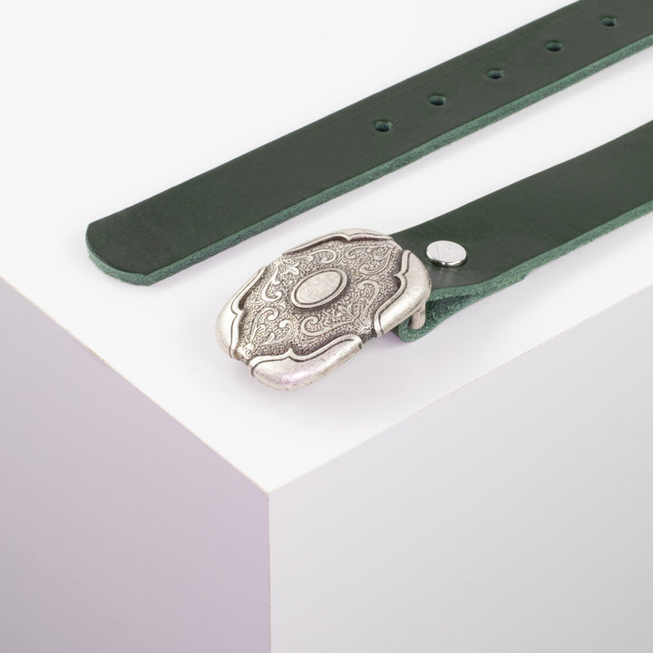 Ledergürtel 3cm mit Schnalle Blume eckig grün ohne Muster
