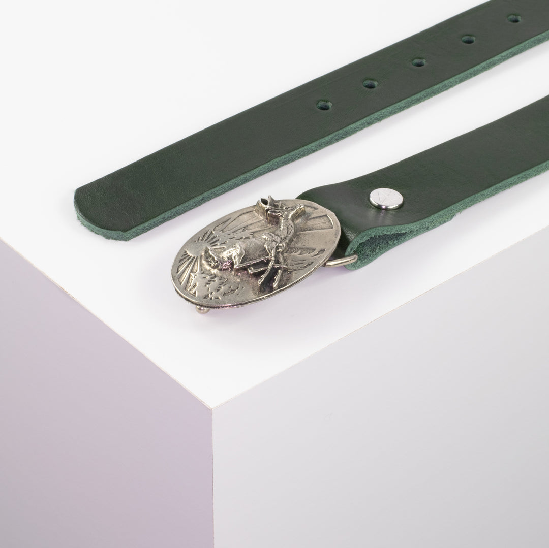 Ledergürtel 3cm mit Schnalle Hirsch springend grün ohne Muster
