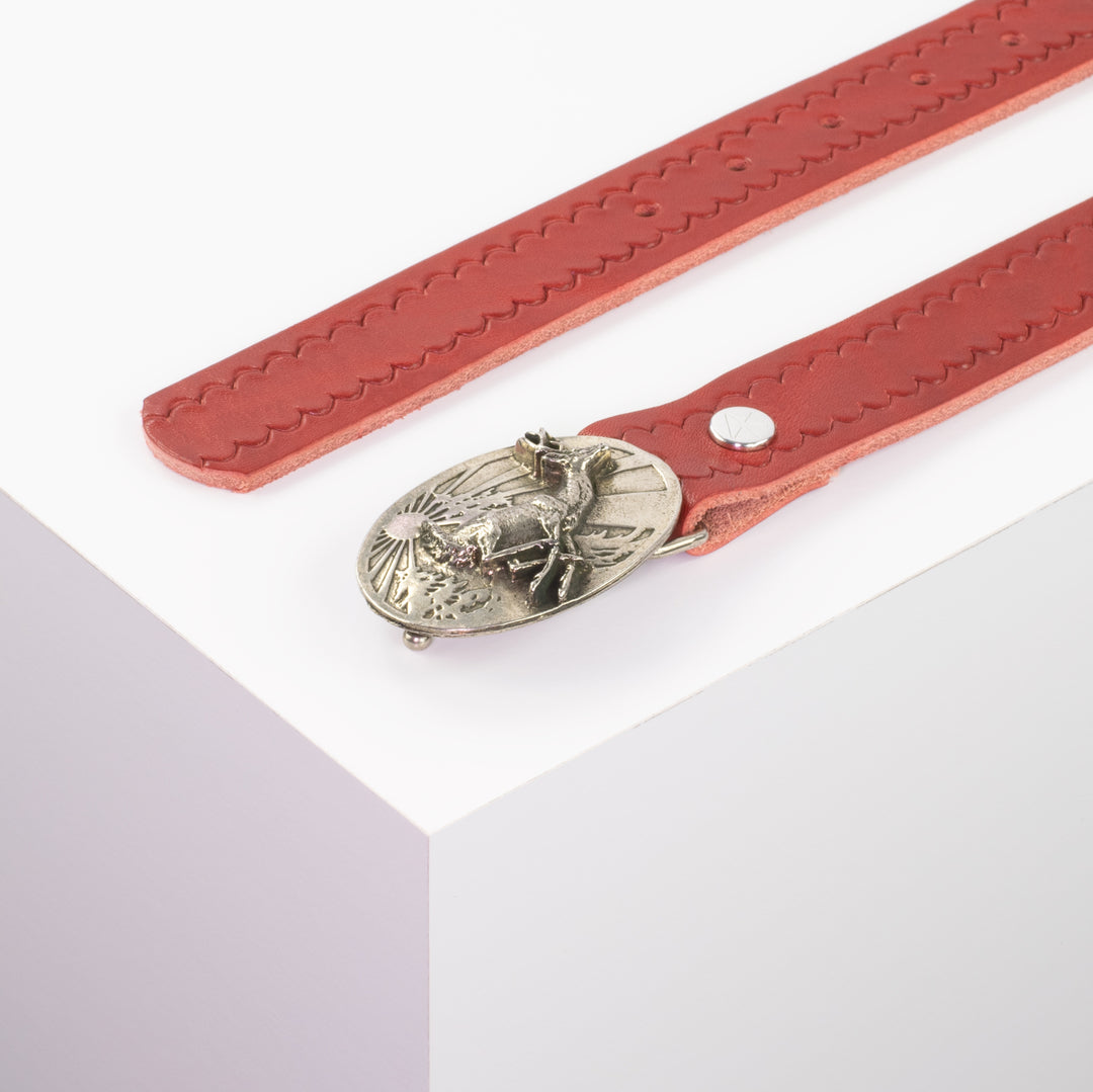 Ledergürtel 3cm mit Schnalle Hirsch springend rot kleine Welle
