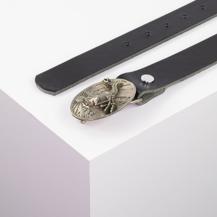 Ledergürtel 3cm mit Schnalle Hirsch springend schwarz ohne Muster