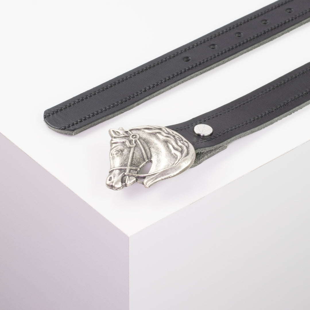 Ledergürtel 3cm mit Schnalle Pferdekopf schwarz Reißverschluss