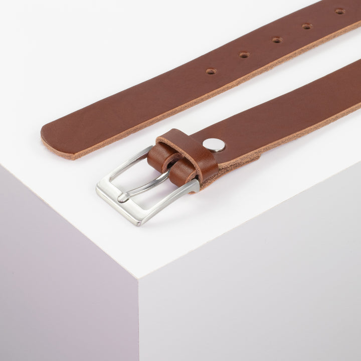 Ledergürtel 3cm mit Schnalle Boston silber glänzend cognac ohne Muster