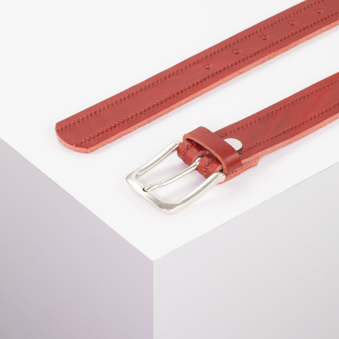 Ledergürtel 3cm mit Schnalle Liverpool silber matt rot Reißverschluss