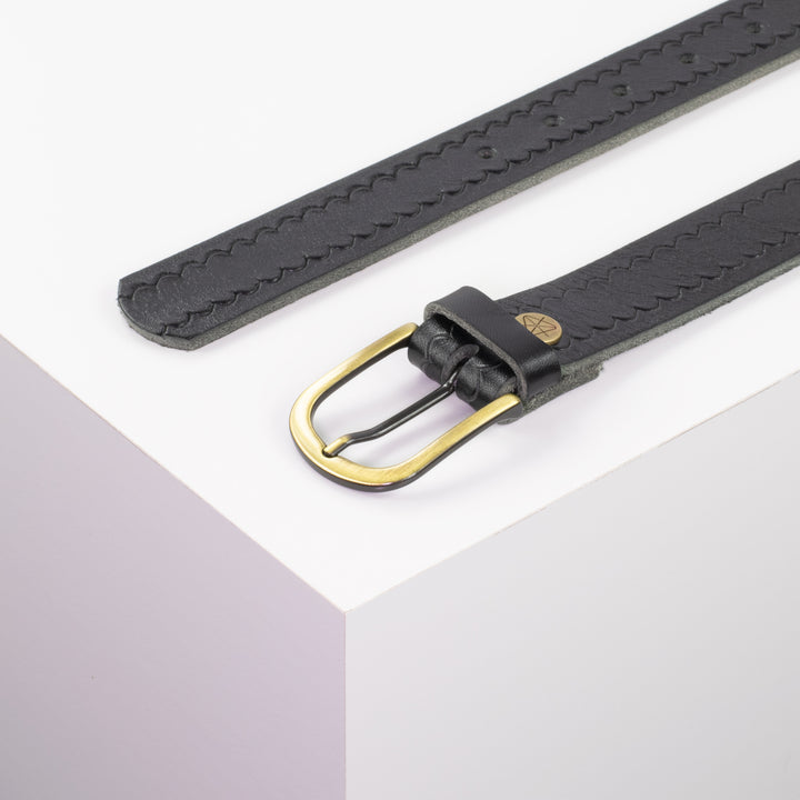 Ledergürtel 3cm mit Schnalle Nizza messing schwarz kleine Welle
