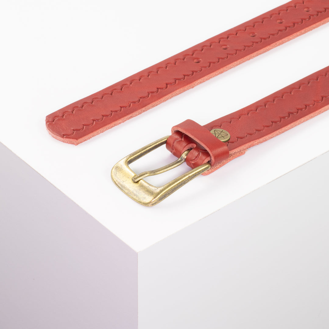 Ledergürtel 3cm mit Schnalle Brüssel messing rot kleine Welle