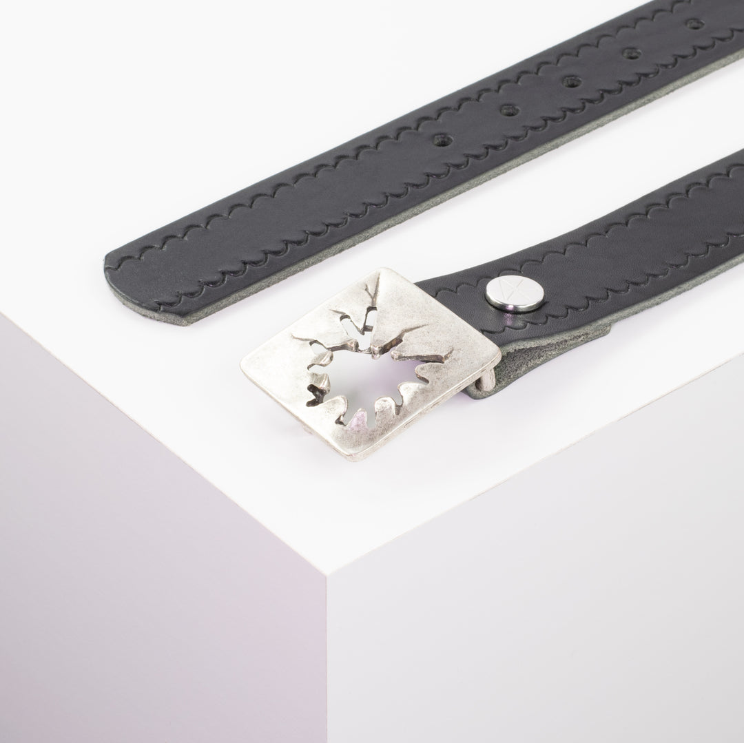Ledergürtel 3,5cm mit Schnalle Vesuvio silber schwarz kleine Welle