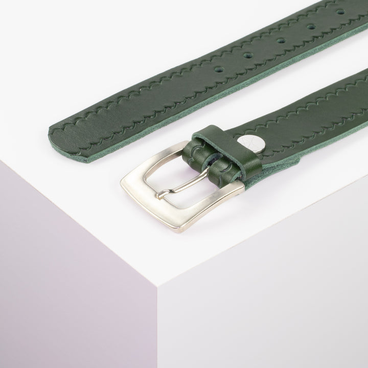 Ledergürtel 3,5cm mit Schnalle Madrid silber glänzend grün kleine Welle