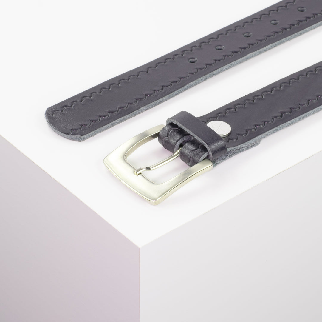 Ledergürtel 3,5cm mit Schnalle Madrid silber glänzend navi kleine Welle