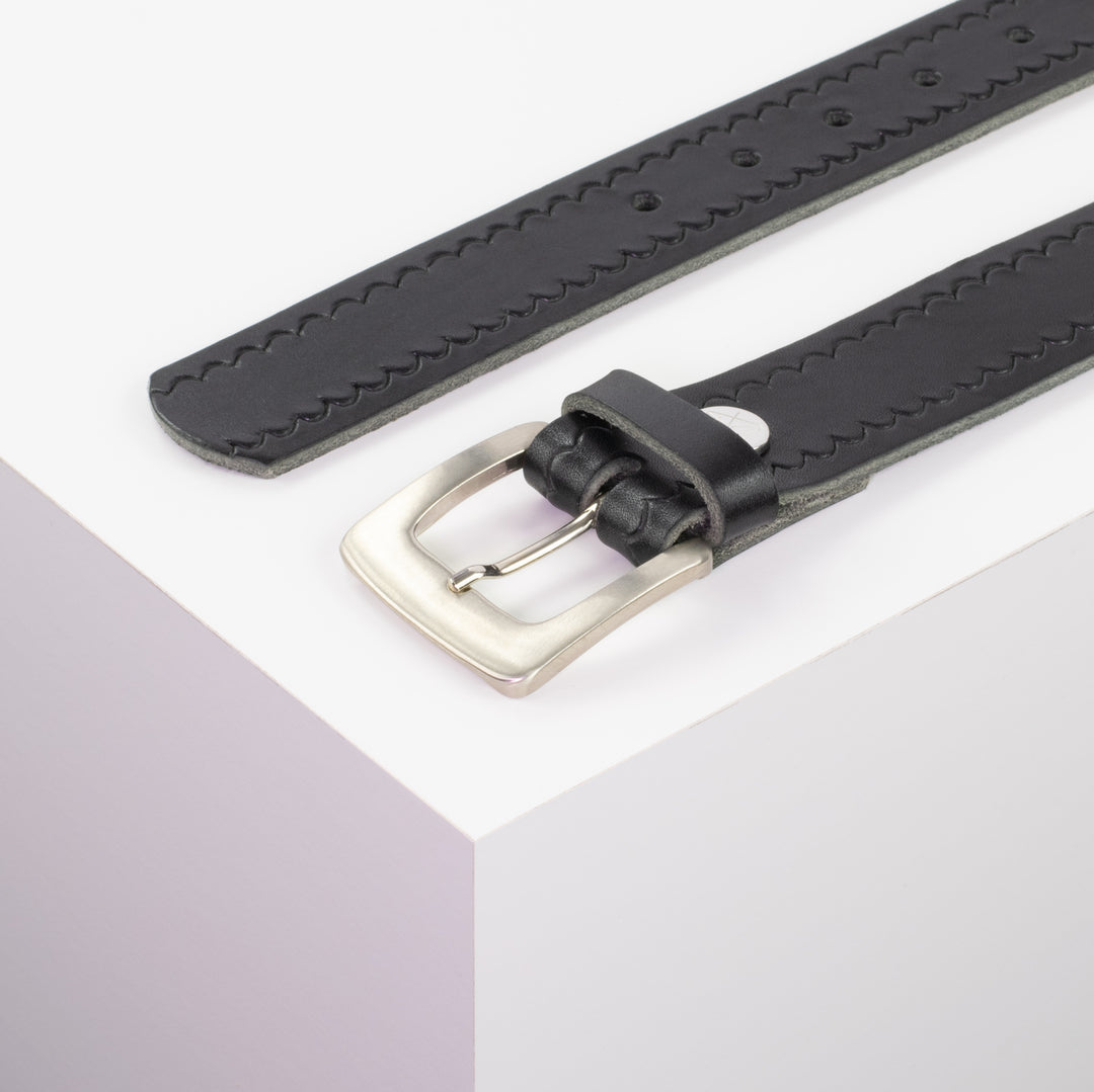 Ledergürtel 3,5cm mit Schnalle Madrid silber glänzend schwarz kleine Welle
