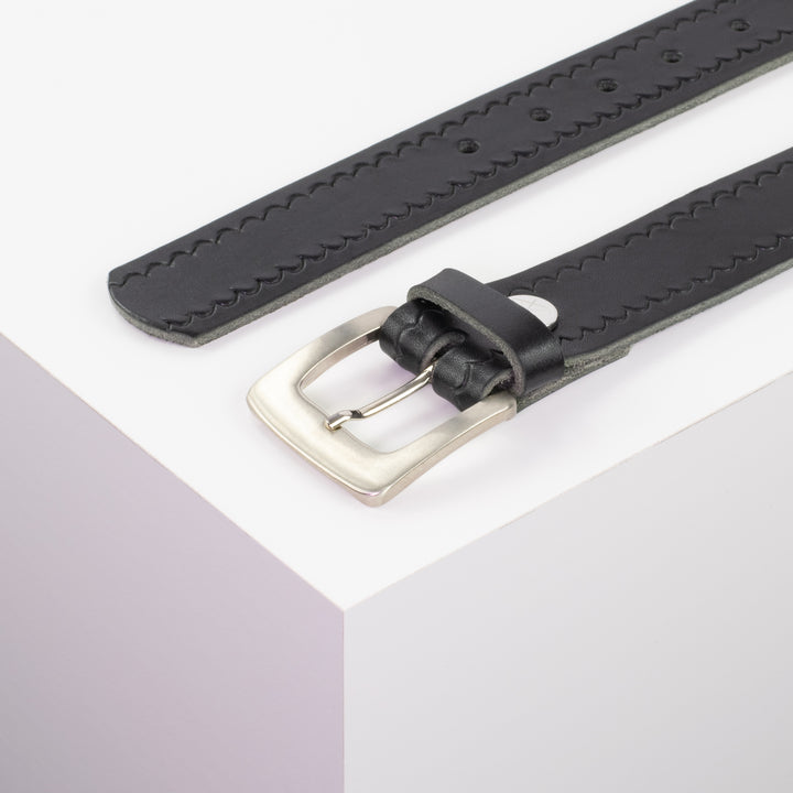 Ledergürtel 3,5cm mit Schnalle Madrid silber glänzend schwarz kleine Welle