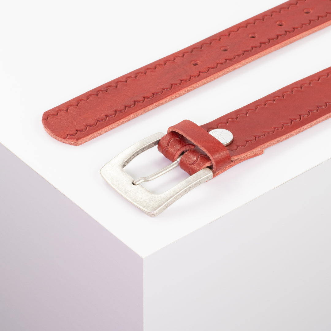Ledergürtel 3,5cm mit Schnalle Madrid silber matt rot kleine Welle