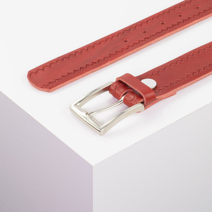 Ledergürtel 3,5cm mit Schnalle Toronto silber rot kleine Welle
