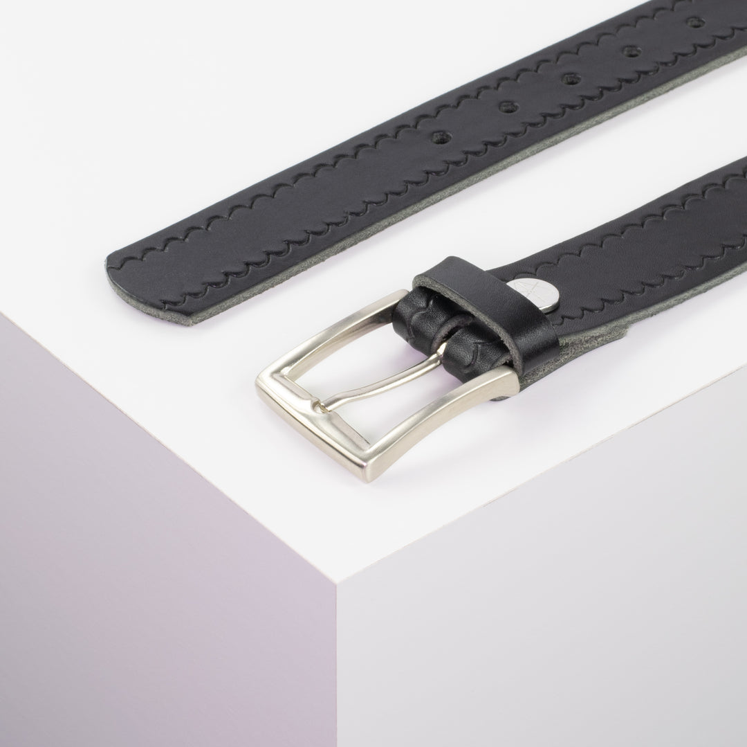 Ledergürtel 3,5cm mit Schnalle Toronto silber schwarz kleine Welle