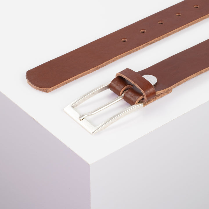 Ledergürtel 3,5cm mit Schnalle Verona silber cognac ohne Muster