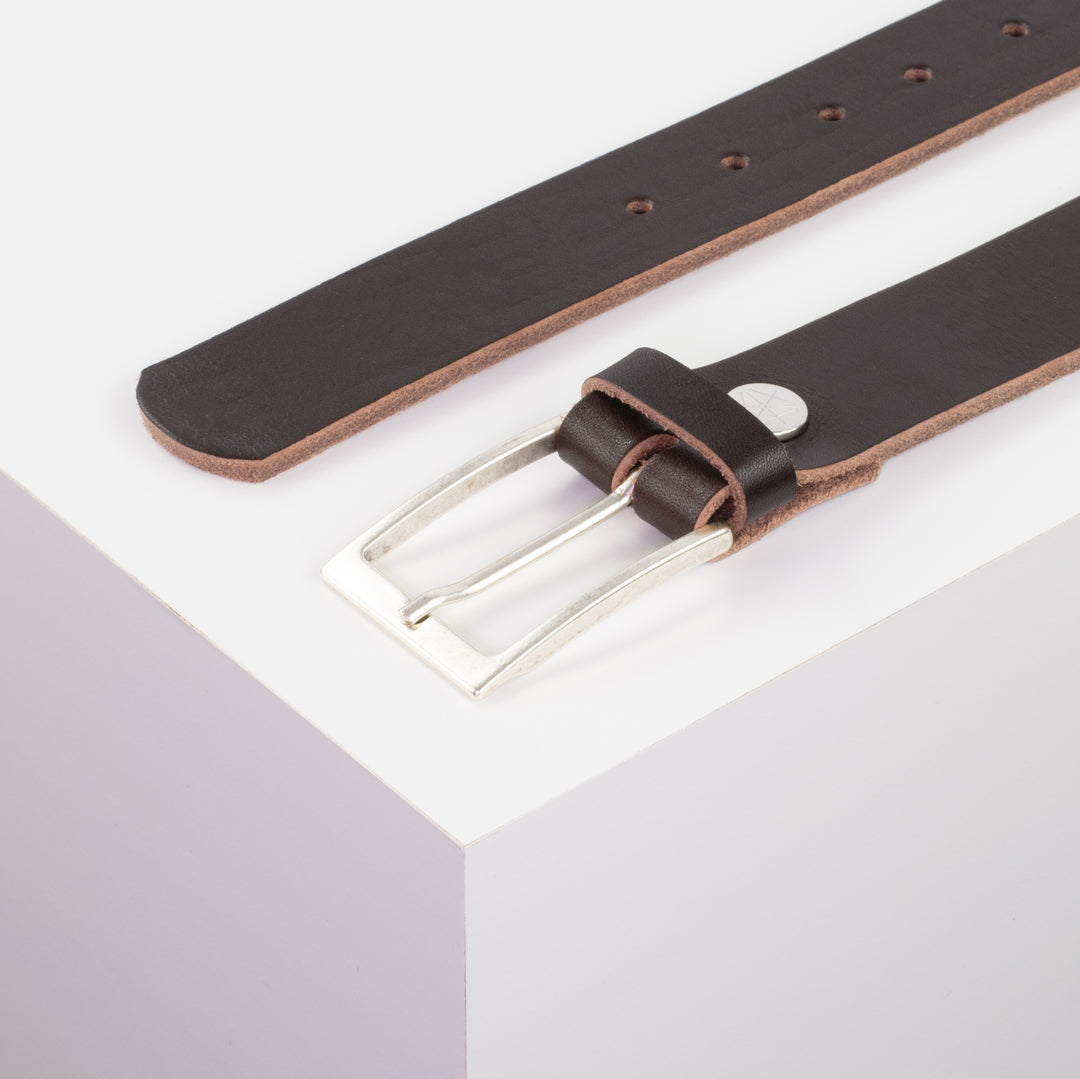 Ledergürtel 3,5cm mit Schnalle Verona silber dunkelbraun ohne Muster