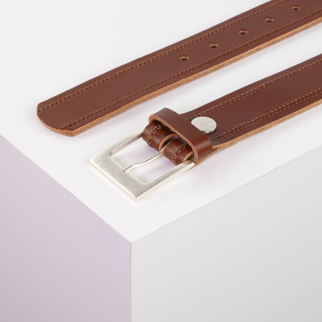 Ledergürtel 3,5cm mit Schnalle Porto silber cognac Reißverschluss
