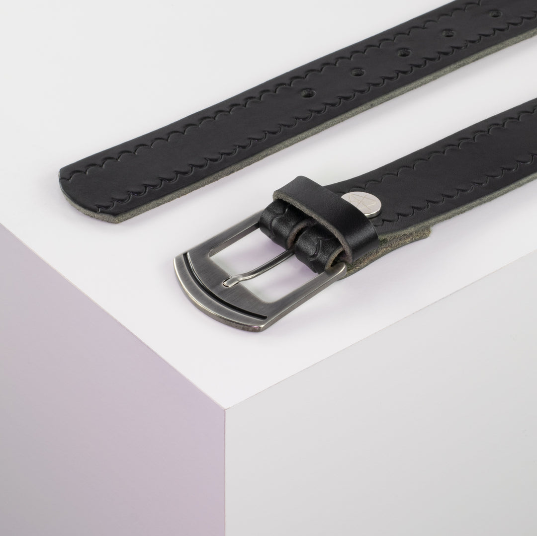 Ledergürtel 3,5cm mit Schnalle Nowosibirsk silber schwarz kleine Welle