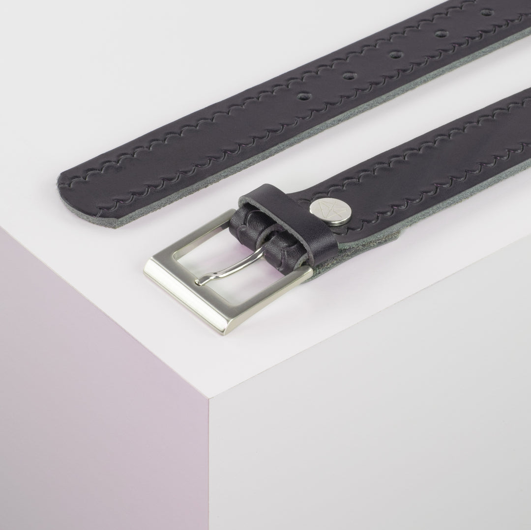 Ledergürtel 3,5cm mit Schnalle Helsinki silber glänzend navi kleine Welle