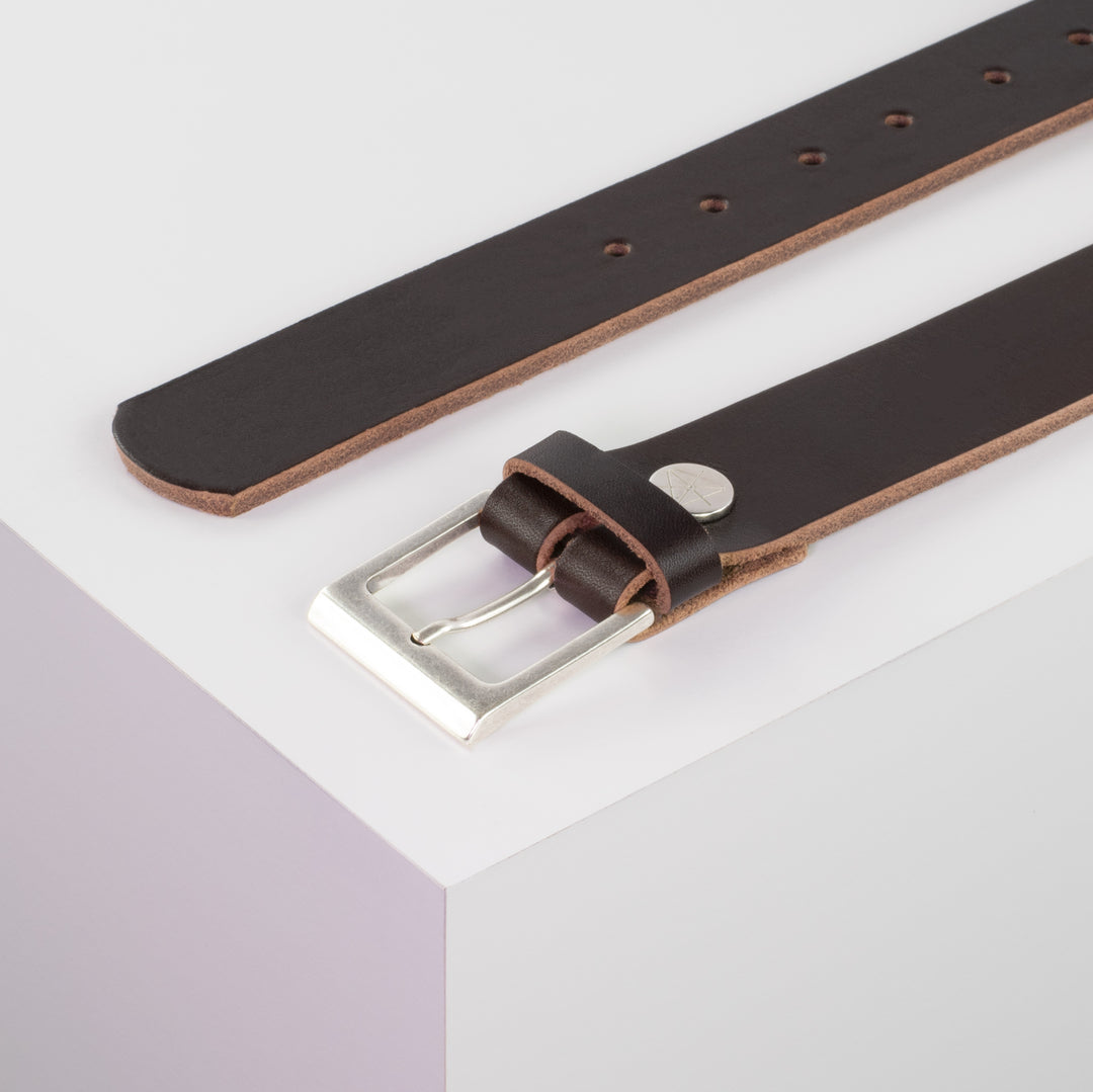 Ledergürtel 3,5cm mit Schnalle Helsinki silber matt dunkelbraun ohne Muster