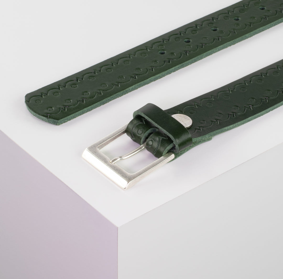 Ledergürtel 3,5cm mit Schnalle Helsinki silber matt grün Lochwelle