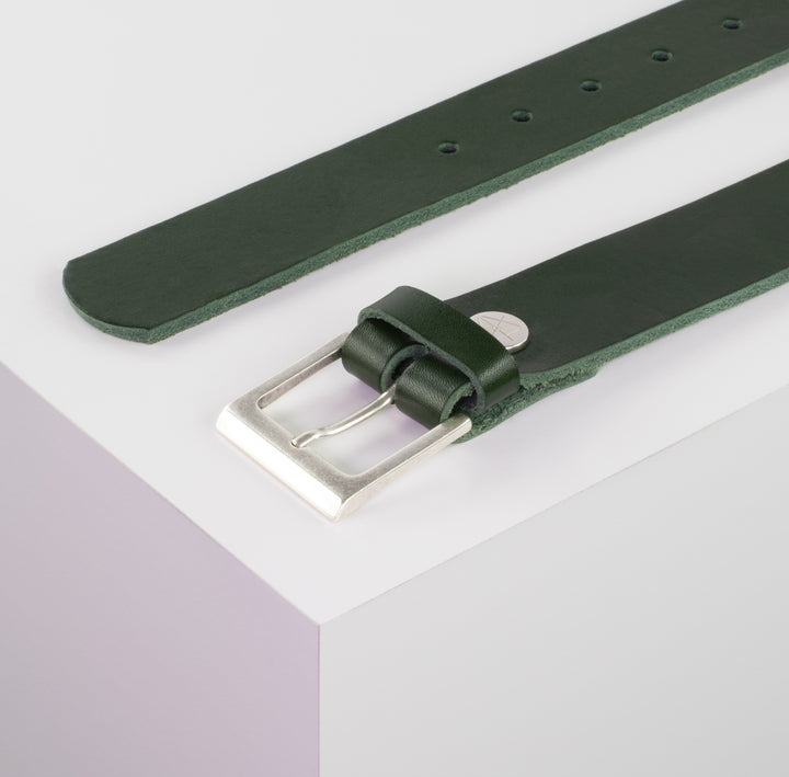 Ledergürtel 3,5cm mit Schnalle Helsinki silber matt grün ohne Muster