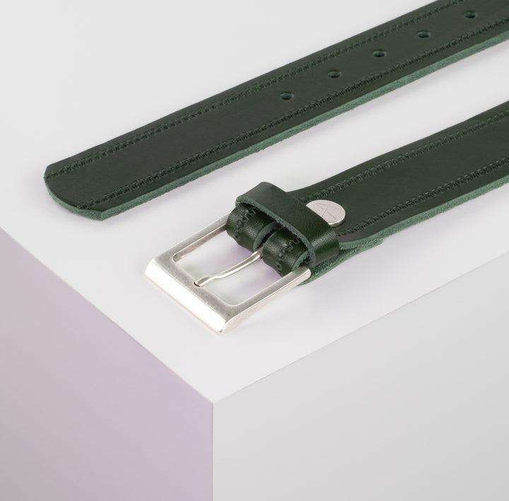 Ledergürtel 3,5cm mit Schnalle Helsinki silber matt grün Reißverschluss