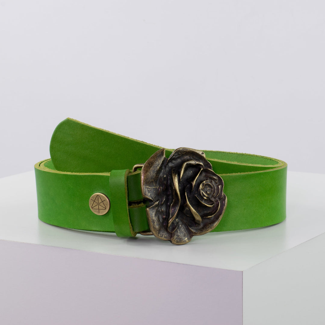 Ledergürtel 4cm mit Schnalle Rose messing apfelgrün ohne Muster