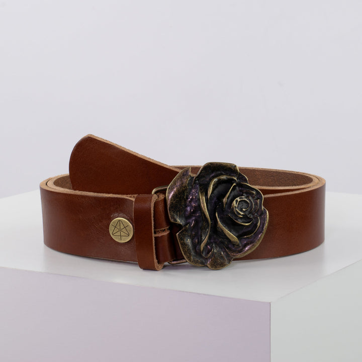 Ledergürtel 4cm mit Schnalle Rose messing cognac ohne Muster