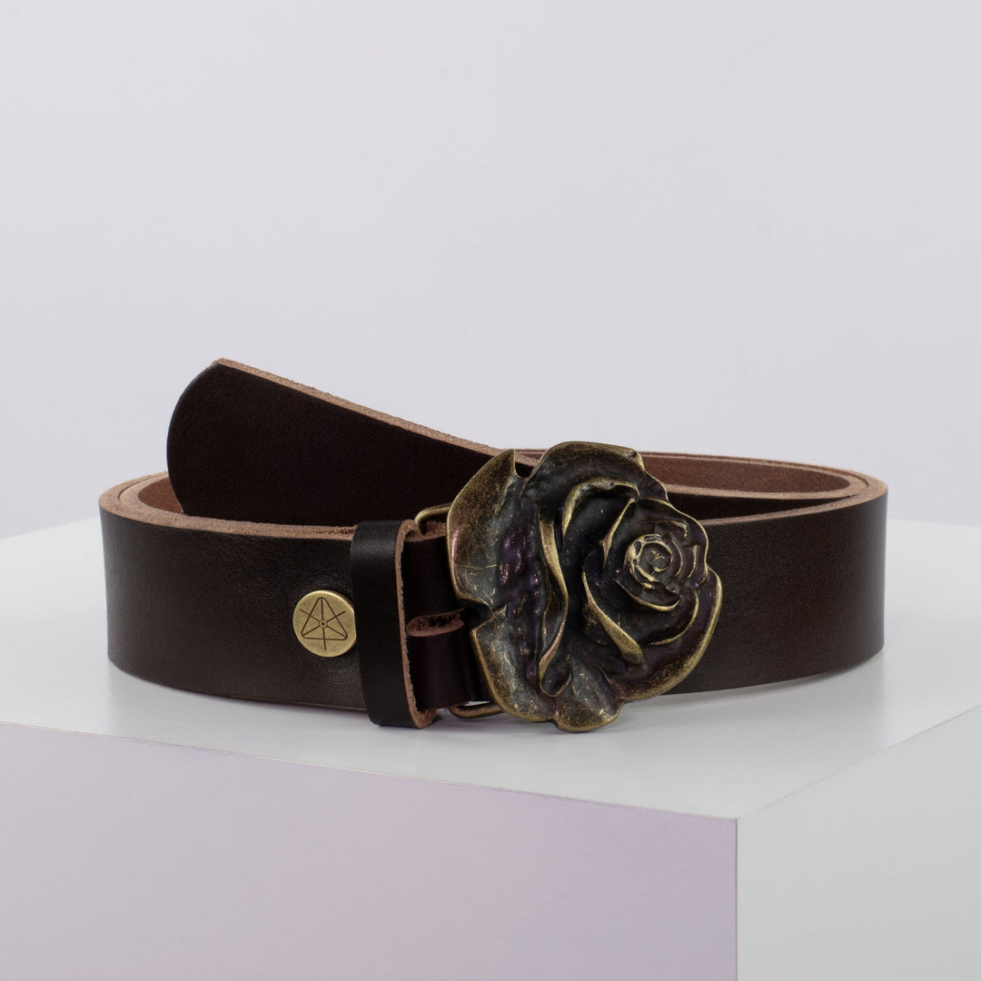 Ledergürtel 4cm mit Schnalle Rose messing dunkelbraun ohne Muster