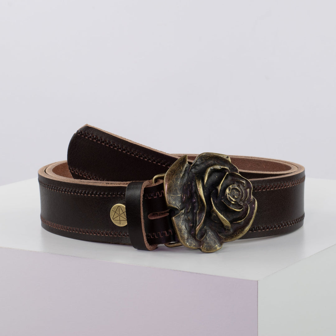 Ledergürtel 4cm mit Schnalle Rose messing dunkelbraun Reißverschluss
