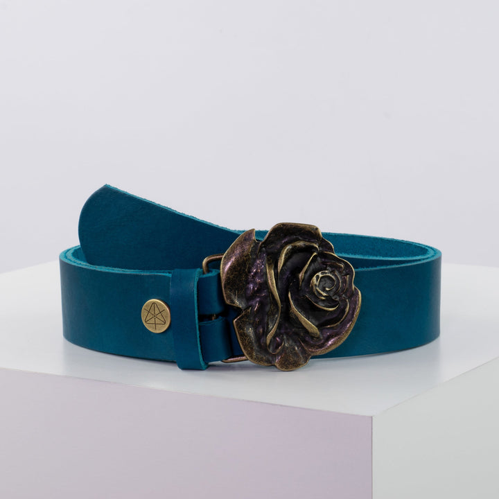 Ledergürtel 4cm mit Schnalle Rose messing petrol ohne Muster