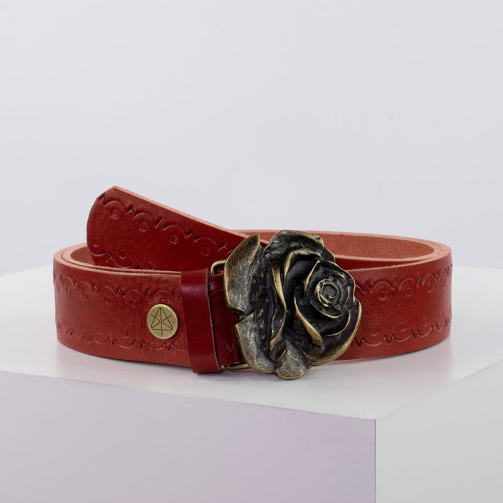 Ledergürtel 4cm mit Schnalle Rose messing rot Lochwelle
