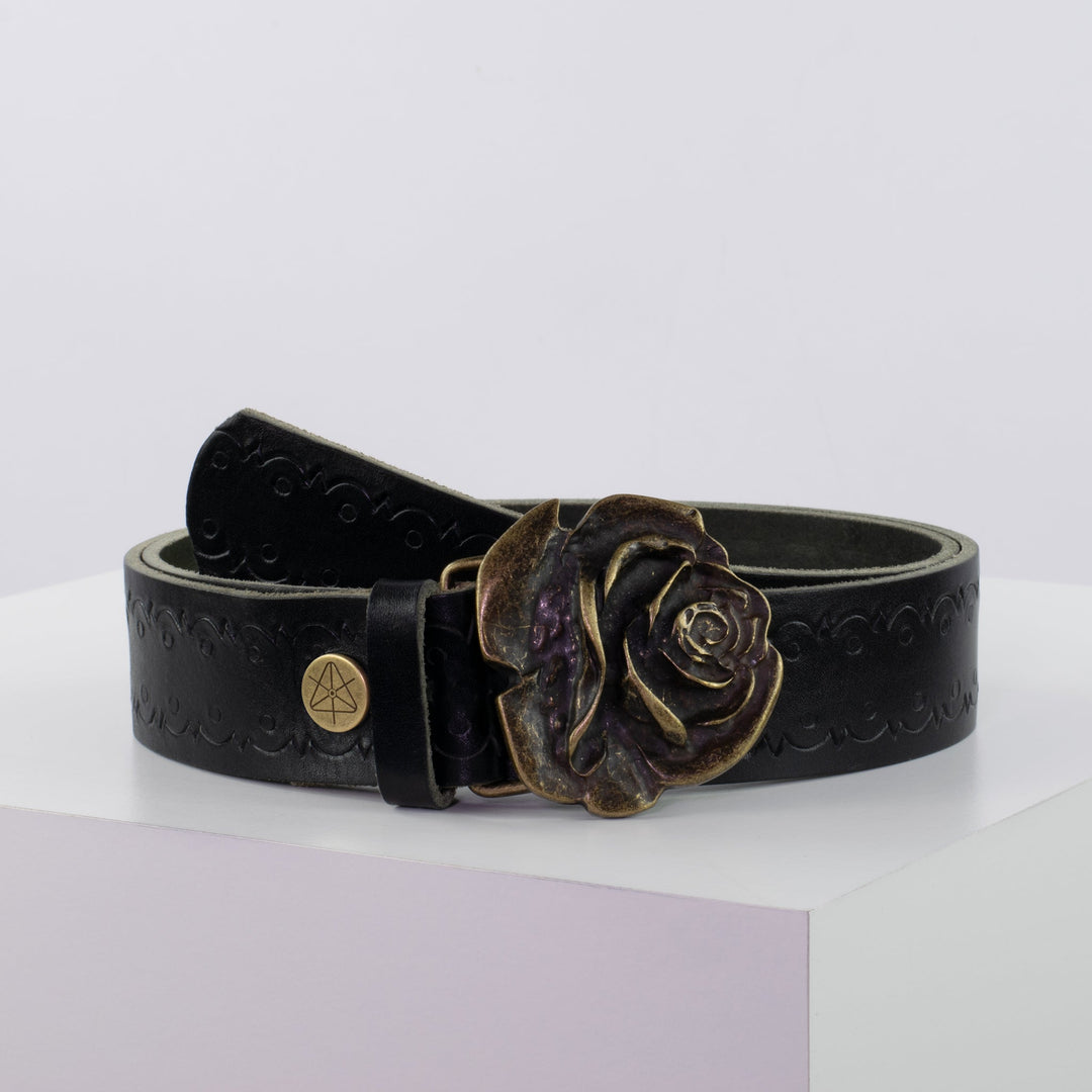 Ledergürtel 4cm mit Schnalle Rose messing schwarz Lochwelle