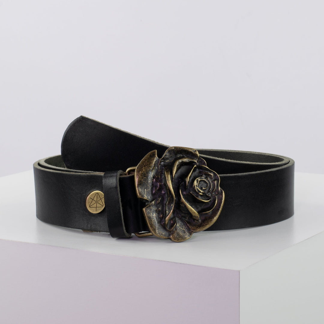 Ledergürtel 4cm mit Schnalle Rose messing schwarz ohne Muster