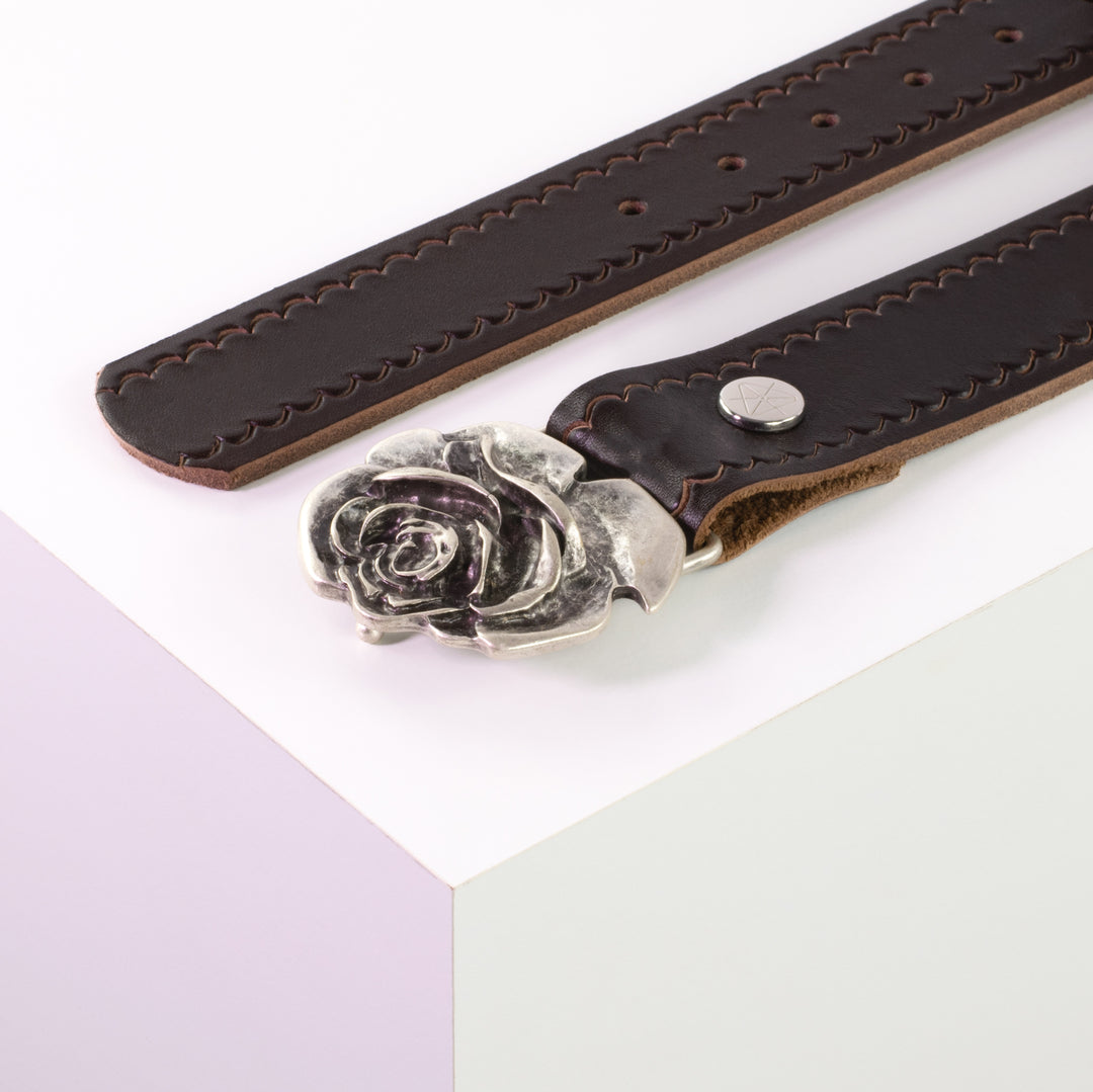 Ledergürtel 4cm mit Schnalle Rose dunkelbraun kleine Welle