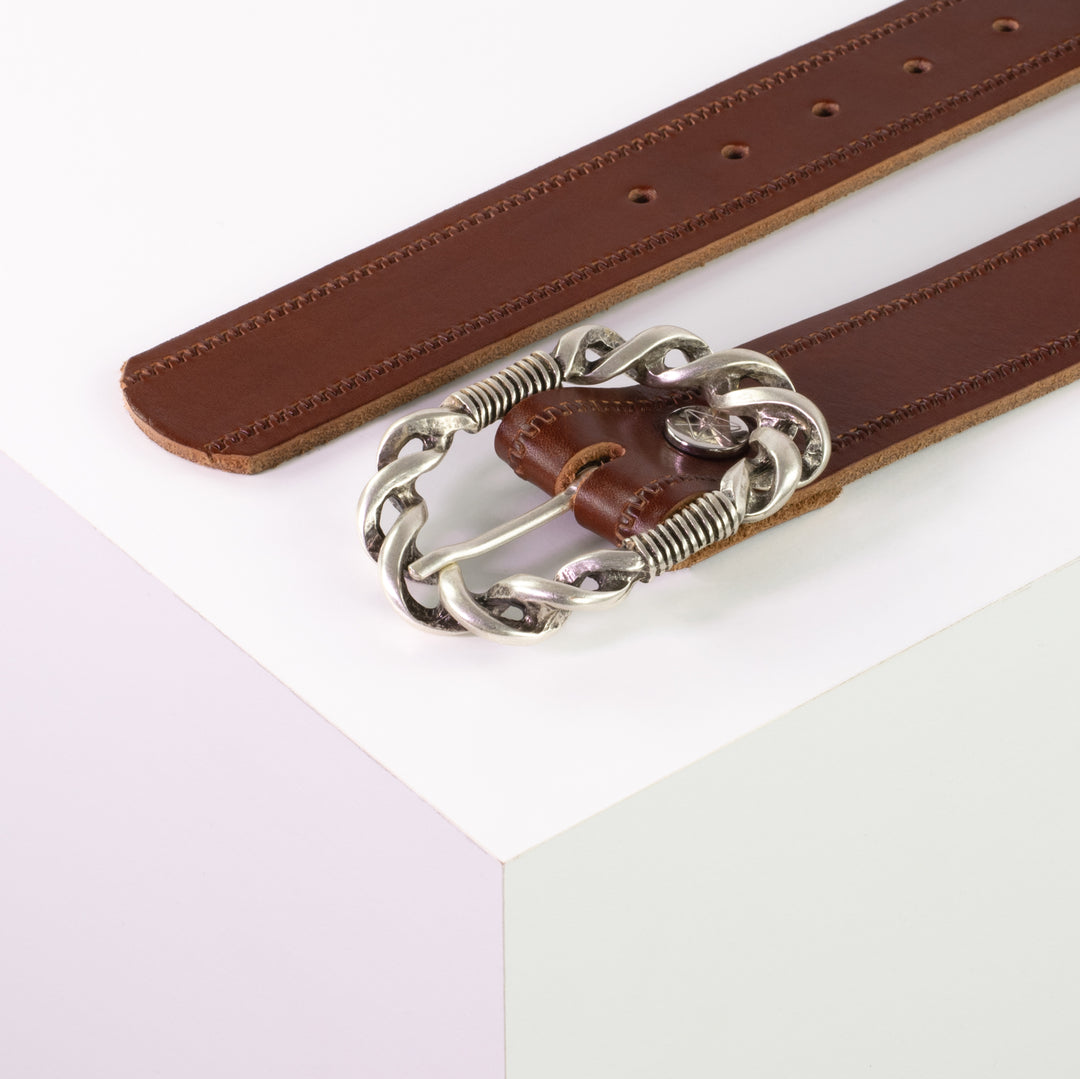 Ledergürtel 4cm mit Schnalle Gewickelter Knoten silber cognac Reißverschluss