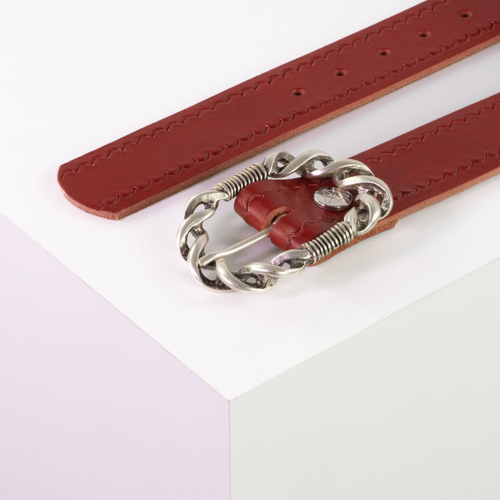 Ledergürtel 4cm mit Schnalle Gewickelter Knoten silber rot kleine Welle