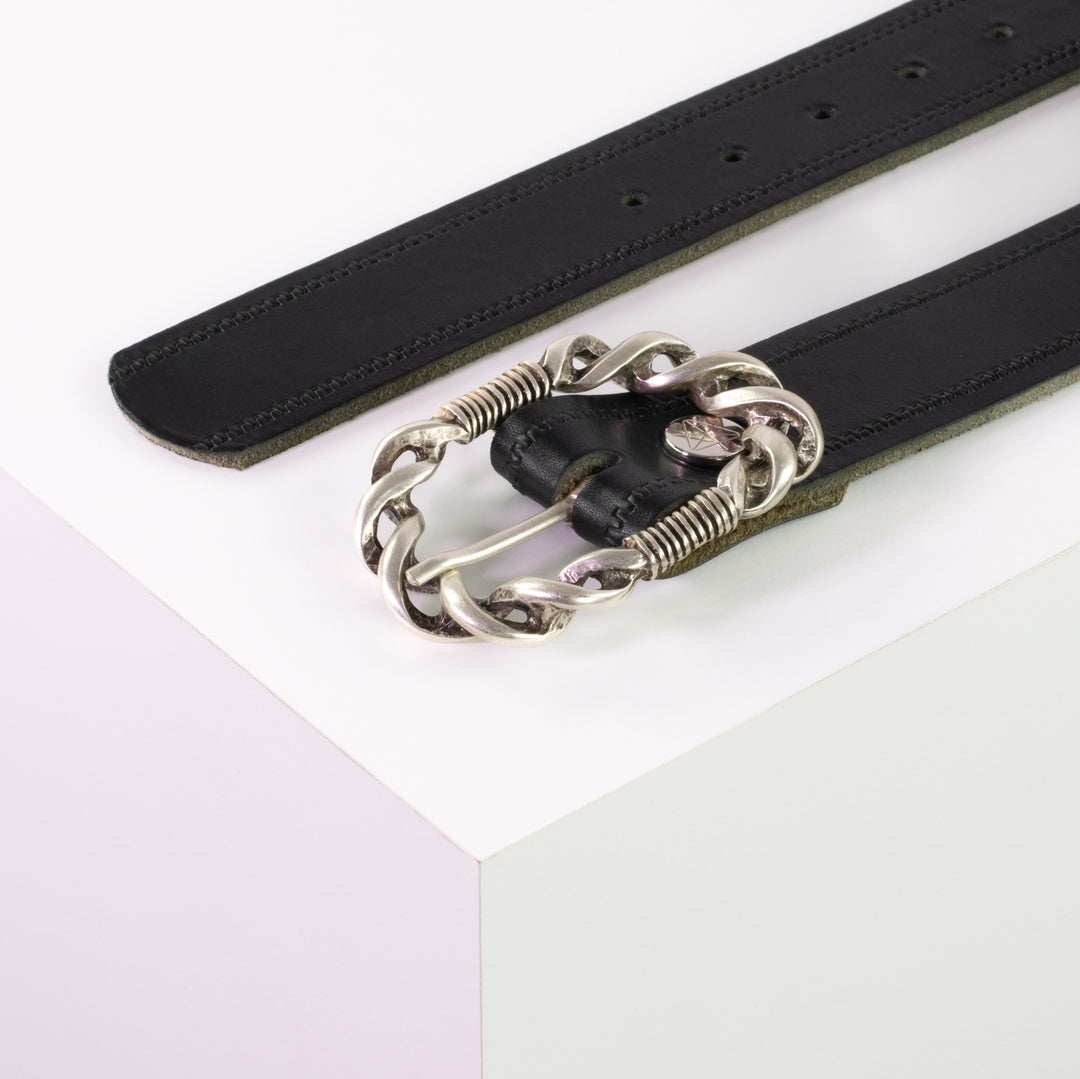 Ledergürtel 4cm mit Schnalle Gewickelter Knoten silber schwarz Reißverschluss