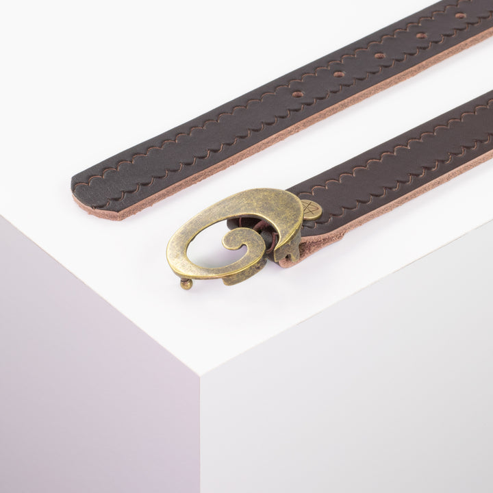 Ledergürtel 3cm mit Schnalle Schnecke messing dunkelbraun kleine Welle